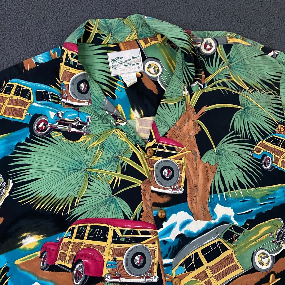 Vintage Diamond Head Sportswear Hawaiian Shirt Mens Large Old School Woody Car
